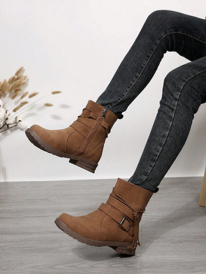 Fall/Winter Plus Size Women's Leather Round Toe Side Zipper Buckle Strap Chunky Heel Boots