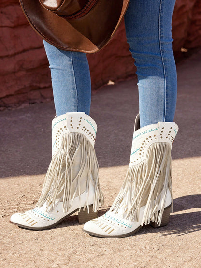 Women's Fashionable Party Personalized Rivet & Tassel Mid-Calf Boots Cowboy Boots