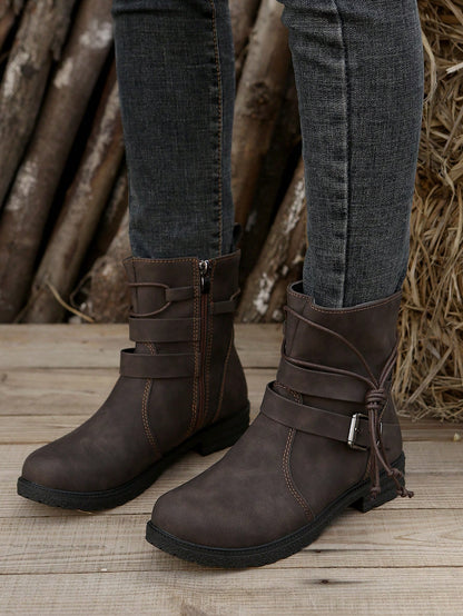 Fall/Winter Plus Size Women's Leather Round Toe Side Zipper Buckle Strap Chunky Heel Boots