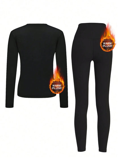 Solid Color Women's Fleece Lined Thermal Underwear Set, Winter Tight Ski Yoga Base Layer Set Black