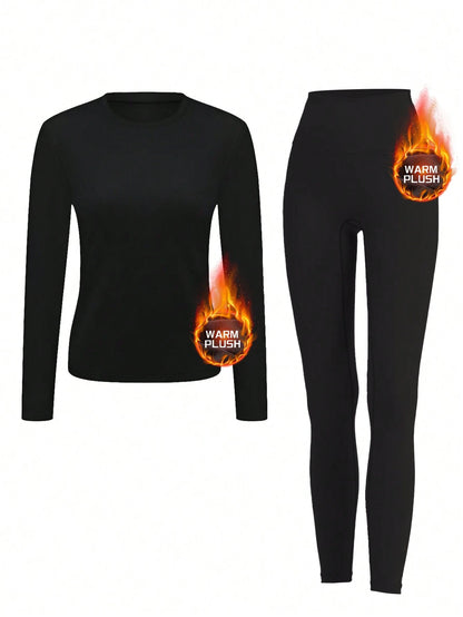 Solid Color Women's Fleece Lined Thermal Underwear Set, Winter Tight Ski Yoga Base Layer Set Black