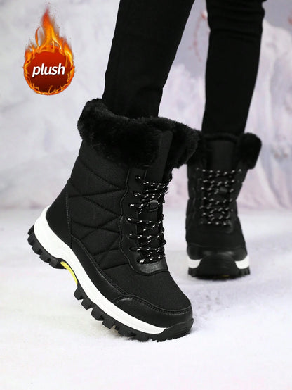 Women's Snow Boots, New Autumn/Winter High-Top Mid-Calf Lace-Up Comfortable Thick-Soled Non-Slip Durable Solid Casual Boots, Fashionable Outdoor Hiking Adventure, Thick Plush Lining, Waterproof Leather Upper, Comfortable And Warm