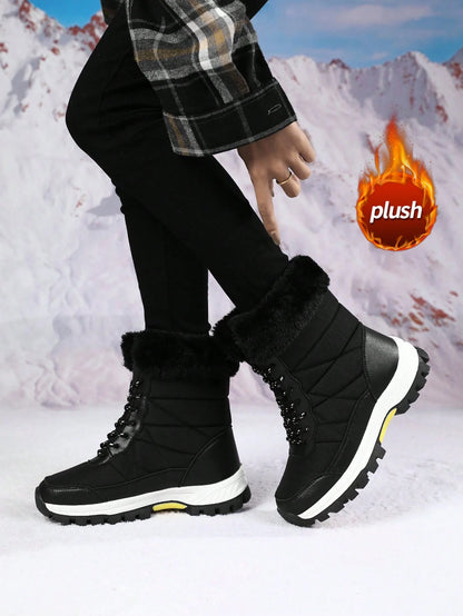 Women's Snow Boots, New Autumn/Winter High-Top Mid-Calf Lace-Up Comfortable Thick-Soled Non-Slip Durable Solid Casual Boots, Fashionable Outdoor Hiking Adventure, Thick Plush Lining, Waterproof Leather Upper, Comfortable And Warm