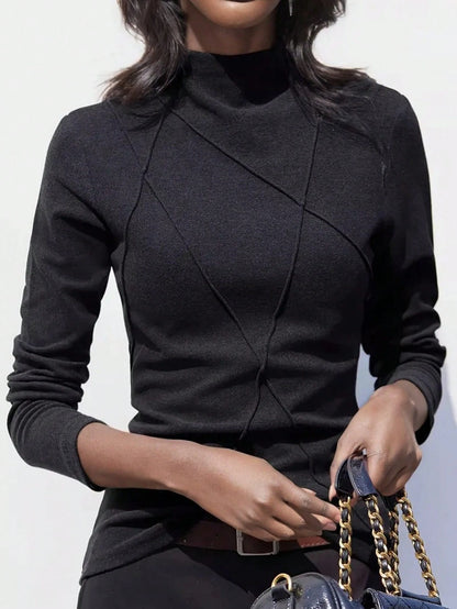 Women's Thicken Fleece Turtleneck Thermal Undershirt, Stylish Splice Rib Knit Design
