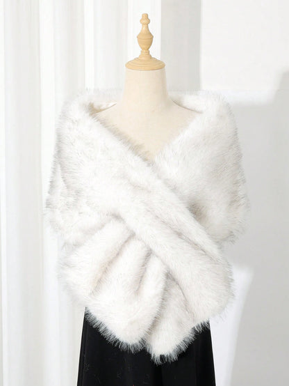 1pc Fluffy Bridal Shawl Cape With Collar