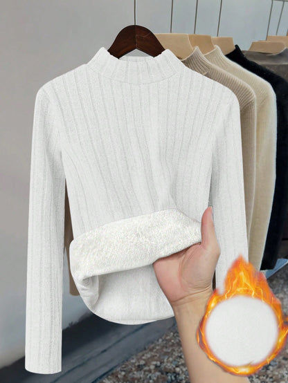 Thermal Lined Slim Fit Women's Casual Mock Neck Long Sleeve T-Shirt