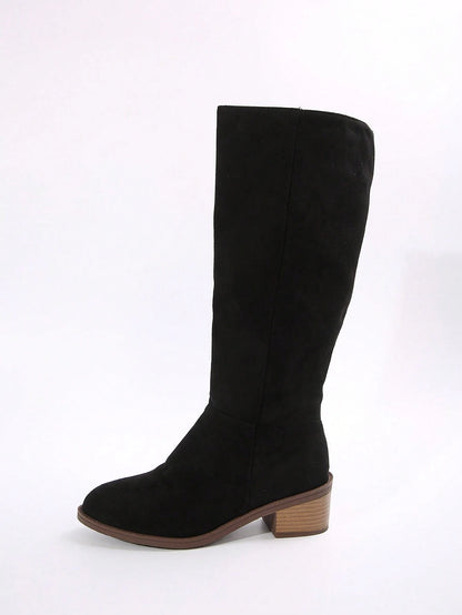 Women's Suede Knee-High Boots With Side Zipper And Chunky Heel