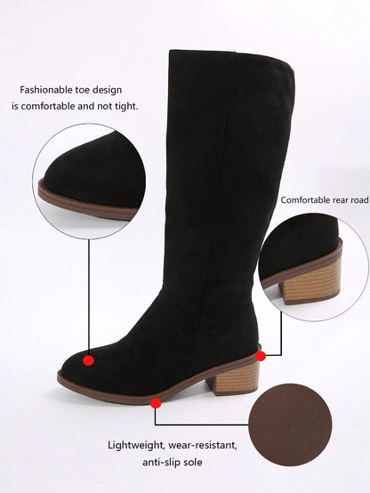 Women's Suede Knee-High Boots With Side Zipper And Chunky Heel