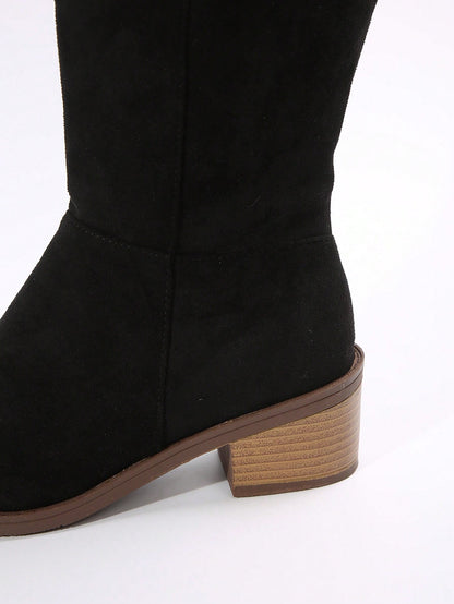 Women's Suede Knee-High Boots With Side Zipper And Chunky Heel