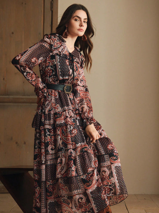 Elegant Floral Print Loose Waist Dress For Women