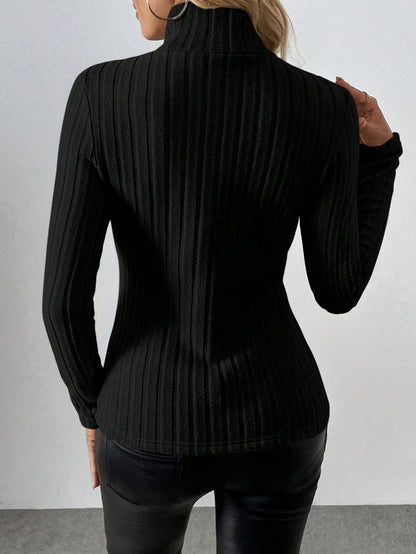 Ribbed Knit Thermal Lined Turtleneck Long Sleeve Top