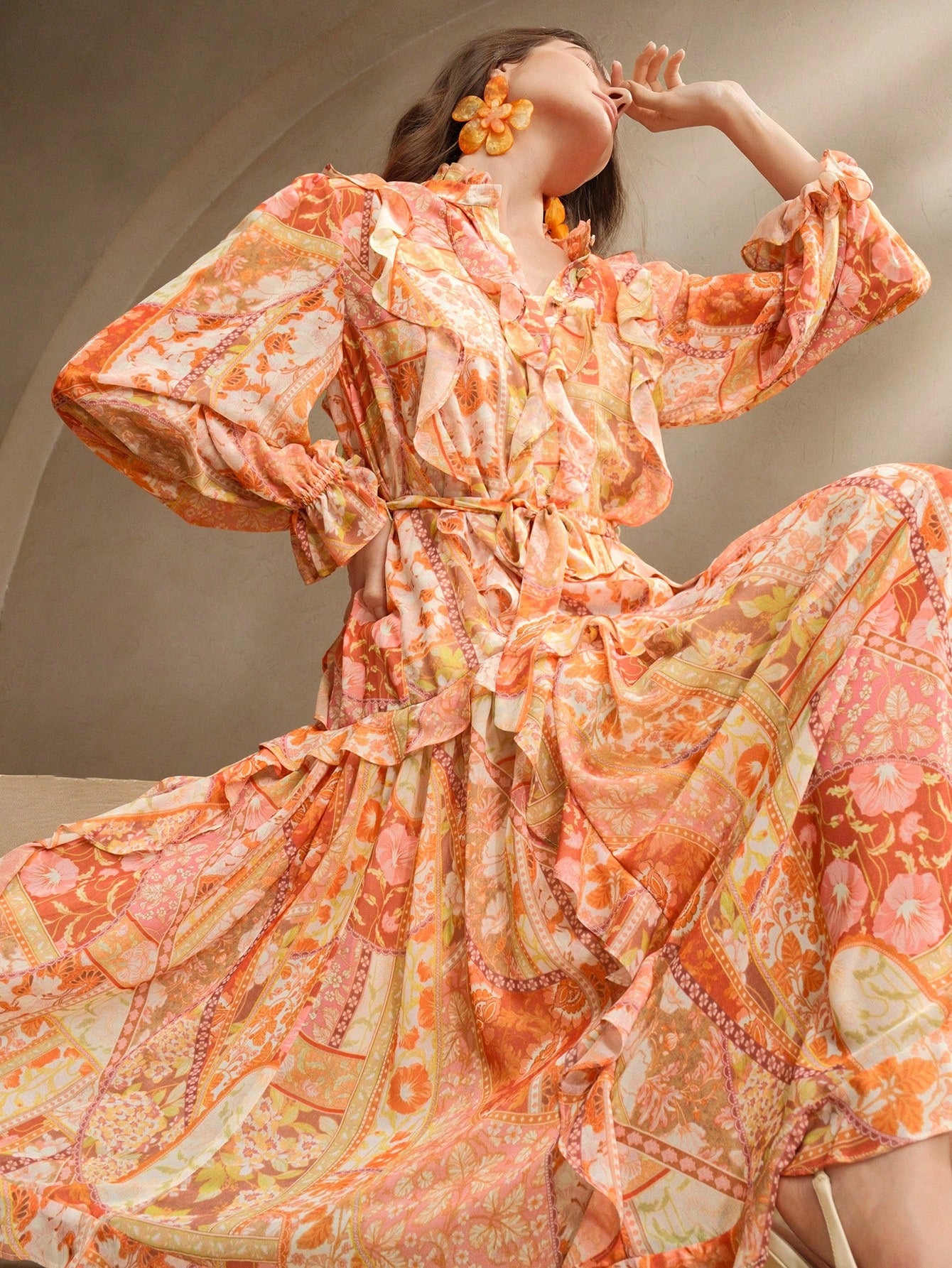 Women's Elegant Floral Paisley Print Chiffon Dress With V-Neck, Tied Waist, Festival, Going Out, Vacation Outfit, Spring, Beach Wear