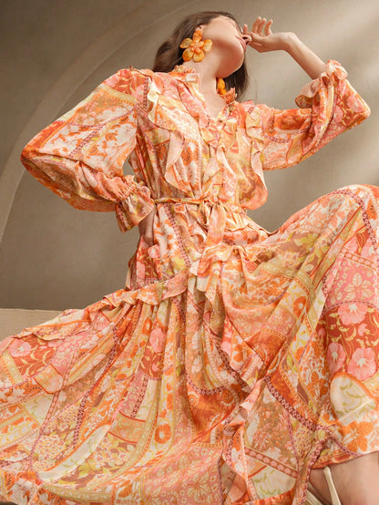Women's Elegant Floral Paisley Print Chiffon Dress With V-Neck, Tied Waist, Festival, Going Out, Vacation Outfit, Spring, Beach Wear
