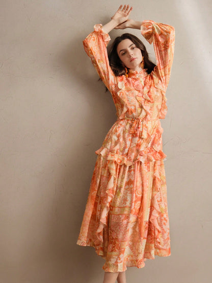 Women's Elegant Floral Paisley Print Chiffon Dress With V-Neck, Tied Waist, Festival, Going Out, Vacation Outfit, Spring, Beach Wear