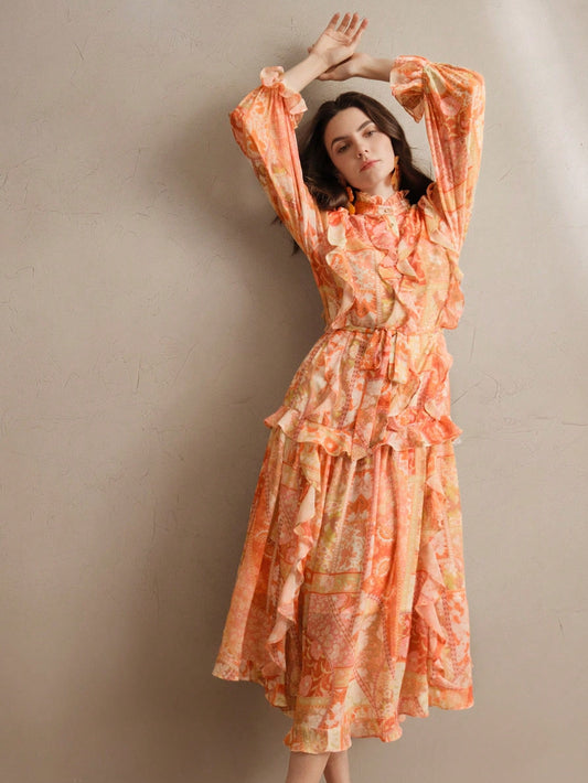 Women's Elegant Floral Paisley Print Chiffon Dress With V-Neck, Tied Waist, Festival, Going Out, Vacation Outfit, Spring, Beach Wear