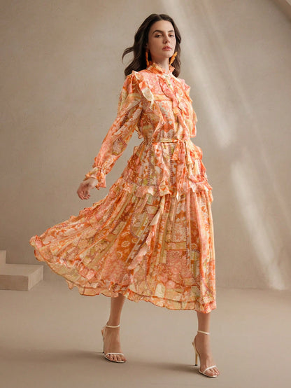 Women's Elegant Floral Paisley Print Chiffon Dress With V-Neck, Tied Waist, Festival, Going Out, Vacation Outfit, Spring, Beach Wear