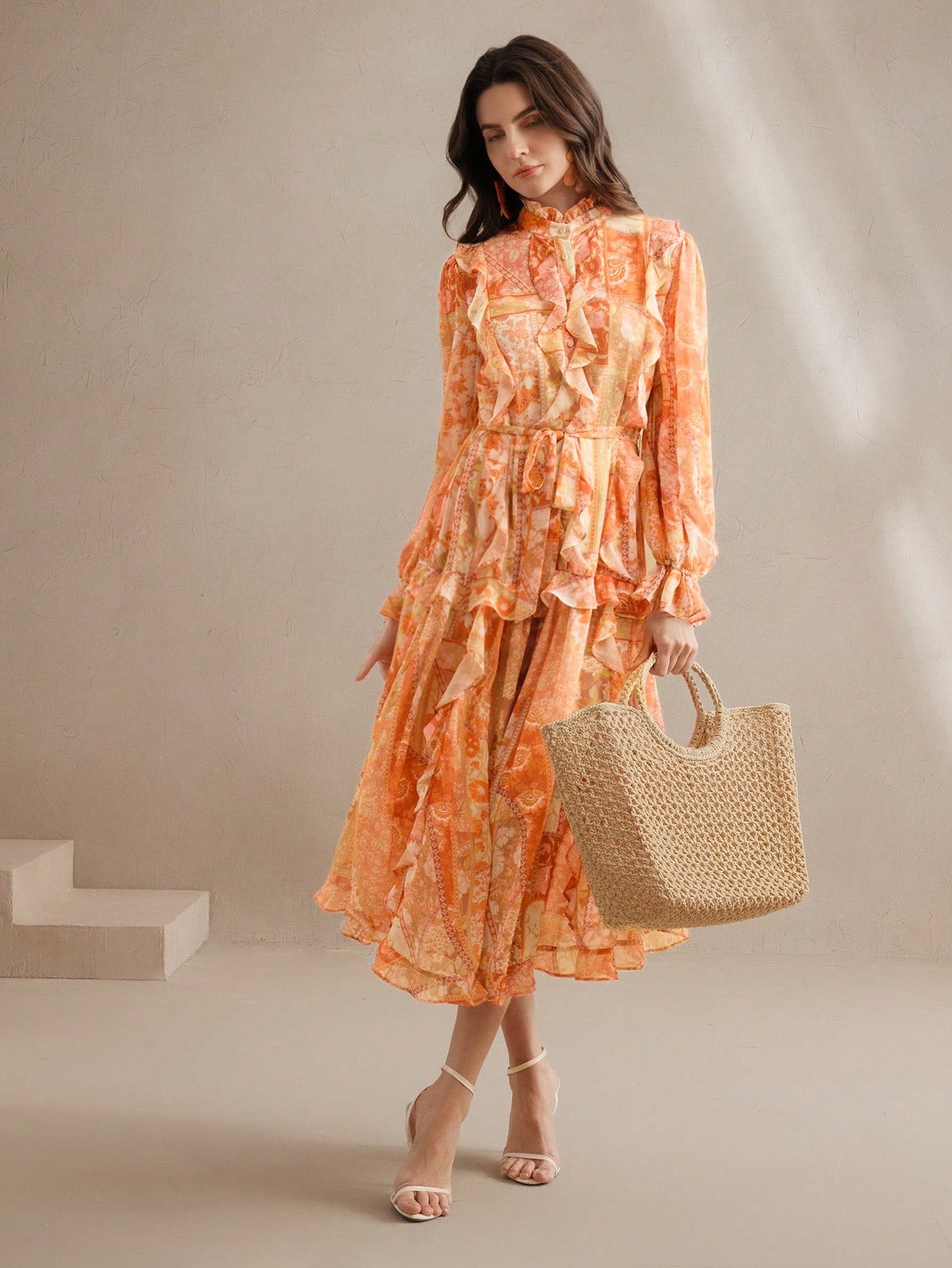 Women's Elegant Floral Paisley Print Chiffon Dress With V-Neck, Tied Waist, Festival, Going Out, Vacation Outfit, Spring, Beach Wear