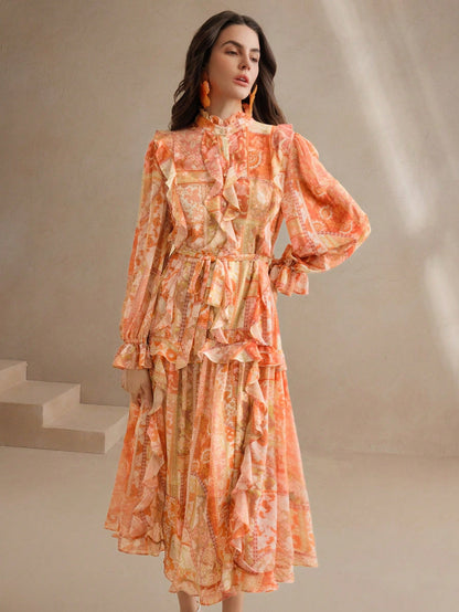 Women's Elegant Floral Paisley Print Chiffon Dress With V-Neck, Tied Waist, Festival, Going Out, Vacation Outfit, Spring, Beach Wear