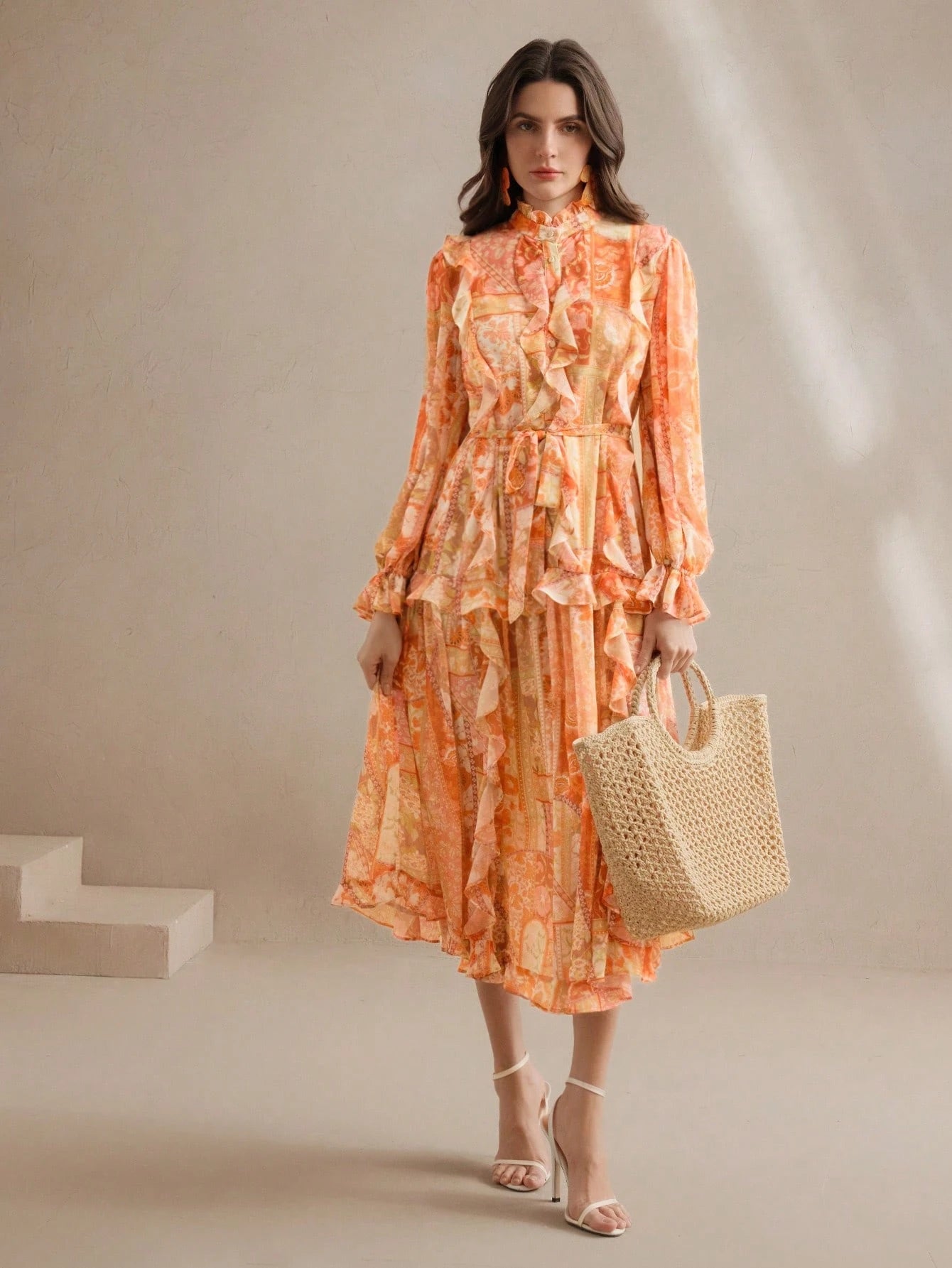 Women's Elegant Floral Paisley Print Chiffon Dress With V-Neck, Tied Waist, Festival, Going Out, Vacation Outfit, Spring, Beach Wear