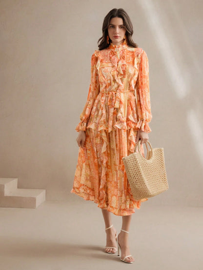 Women's Elegant Floral Paisley Print Chiffon Dress With V-Neck, Tied Waist, Festival, Going Out, Vacation Outfit, Spring, Beach Wear
