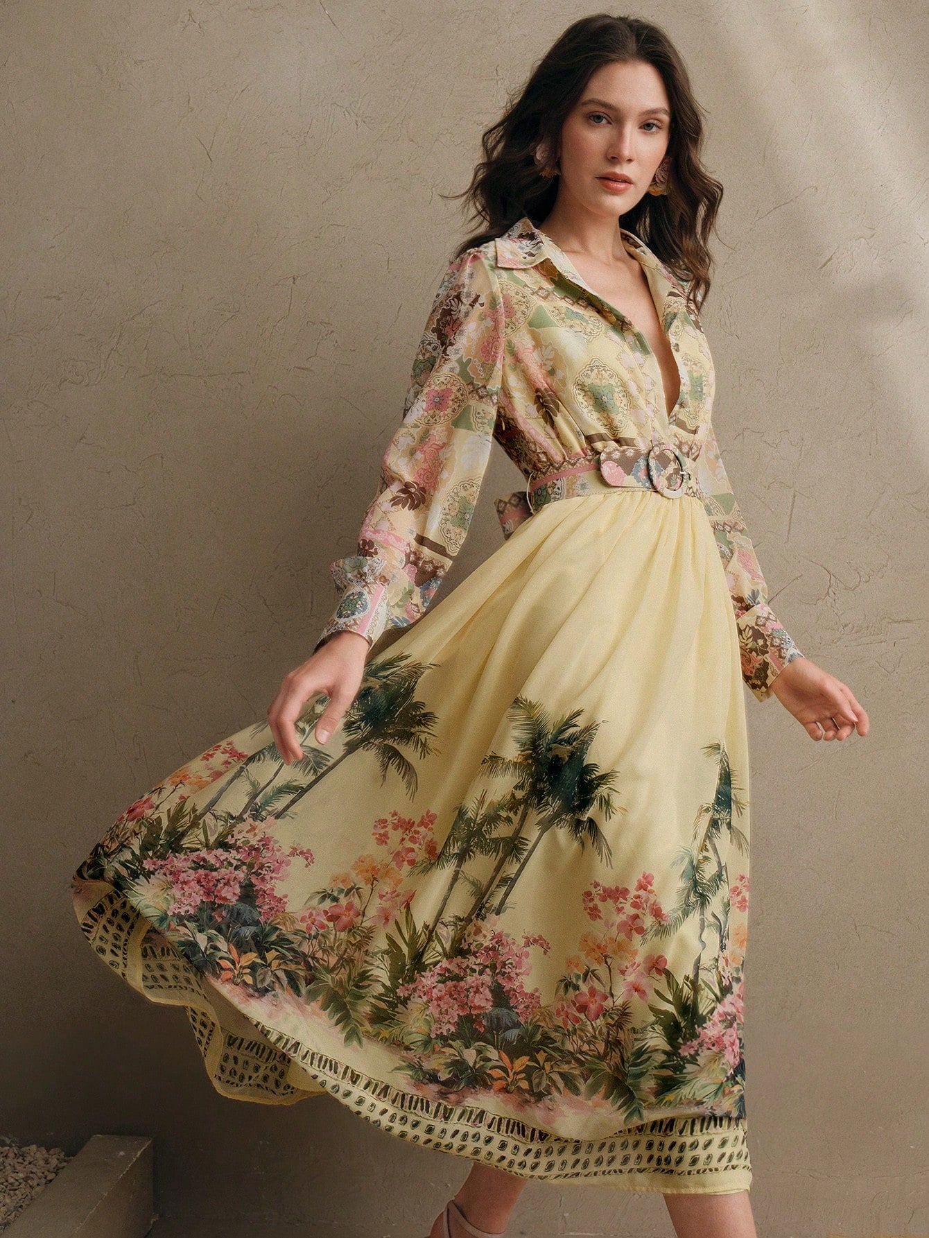 Women's Bohemian Floral Print Long Sleeve Cinched Waist Maxi Dress, Spring Vacation Outfits Floral Long Dress Long Spring Dress Chiffon Dresses For Women