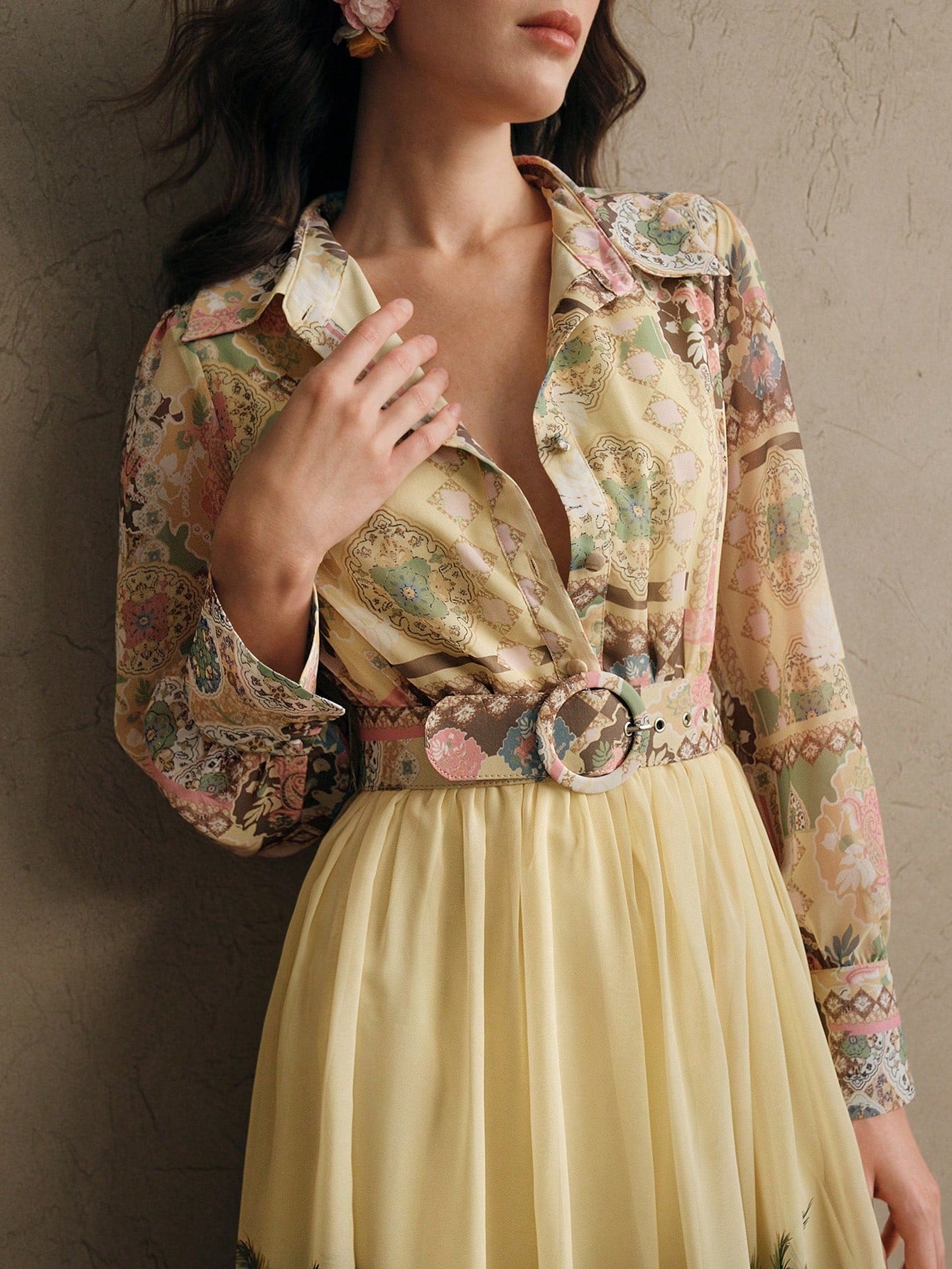 Women's Bohemian Floral Print Long Sleeve Cinched Waist Maxi Dress, Spring Vacation Outfits Floral Long Dress Long Spring Dress Chiffon Dresses For Women