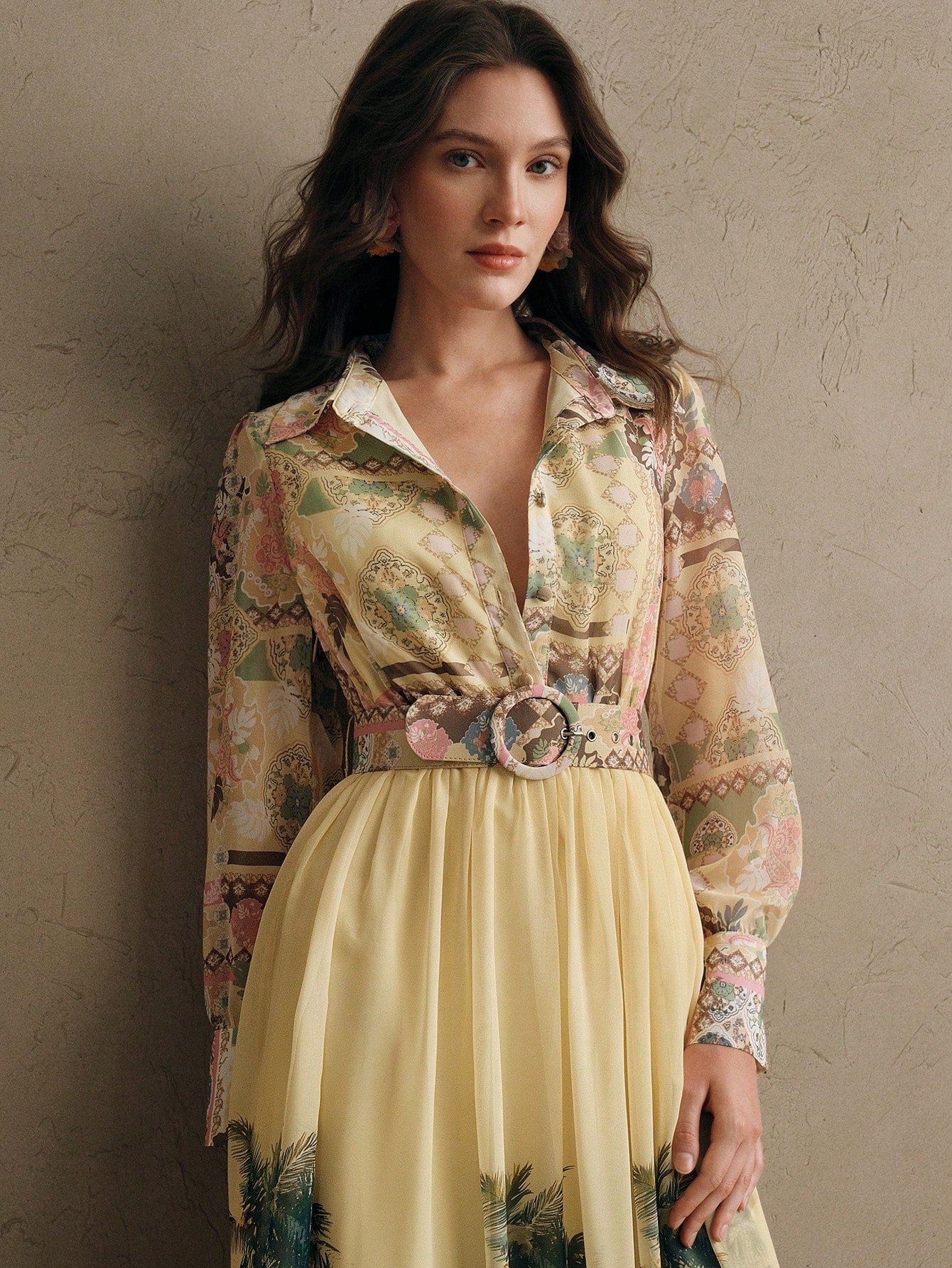 Women's Bohemian Floral Print Long Sleeve Cinched Waist Maxi Dress, Spring Vacation Outfits Floral Long Dress Long Spring Dress Chiffon Dresses For Women