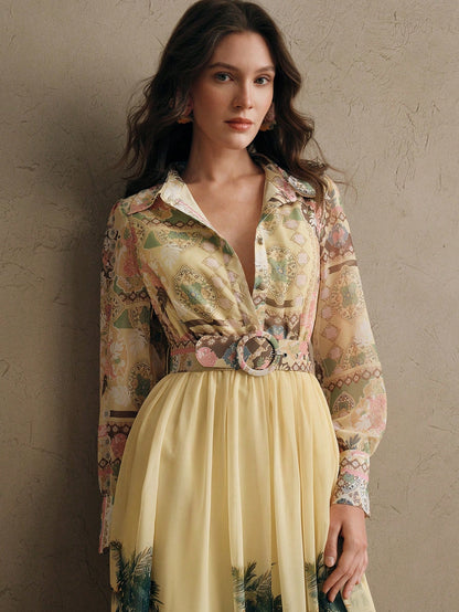 Women's Bohemian Floral Print Long Sleeve Cinched Waist Maxi Dress, Spring Vacation Outfits Floral Long Dress Long Spring Dress Chiffon Dresses For Women