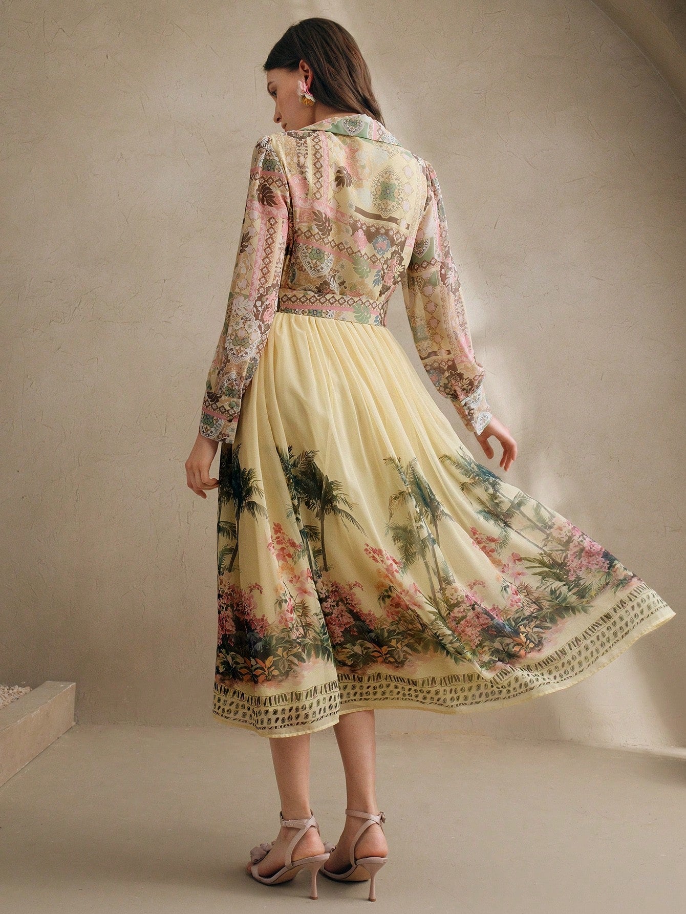 Women's Bohemian Floral Print Long Sleeve Cinched Waist Maxi Dress, Spring Vacation Outfits Floral Long Dress Long Spring Dress Chiffon Dresses For Women