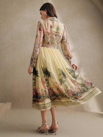 Women's Bohemian Floral Print Long Sleeve Cinched Waist Maxi Dress, Spring Vacation Outfits Floral Long Dress Long Spring Dress Chiffon Dresses For Women
