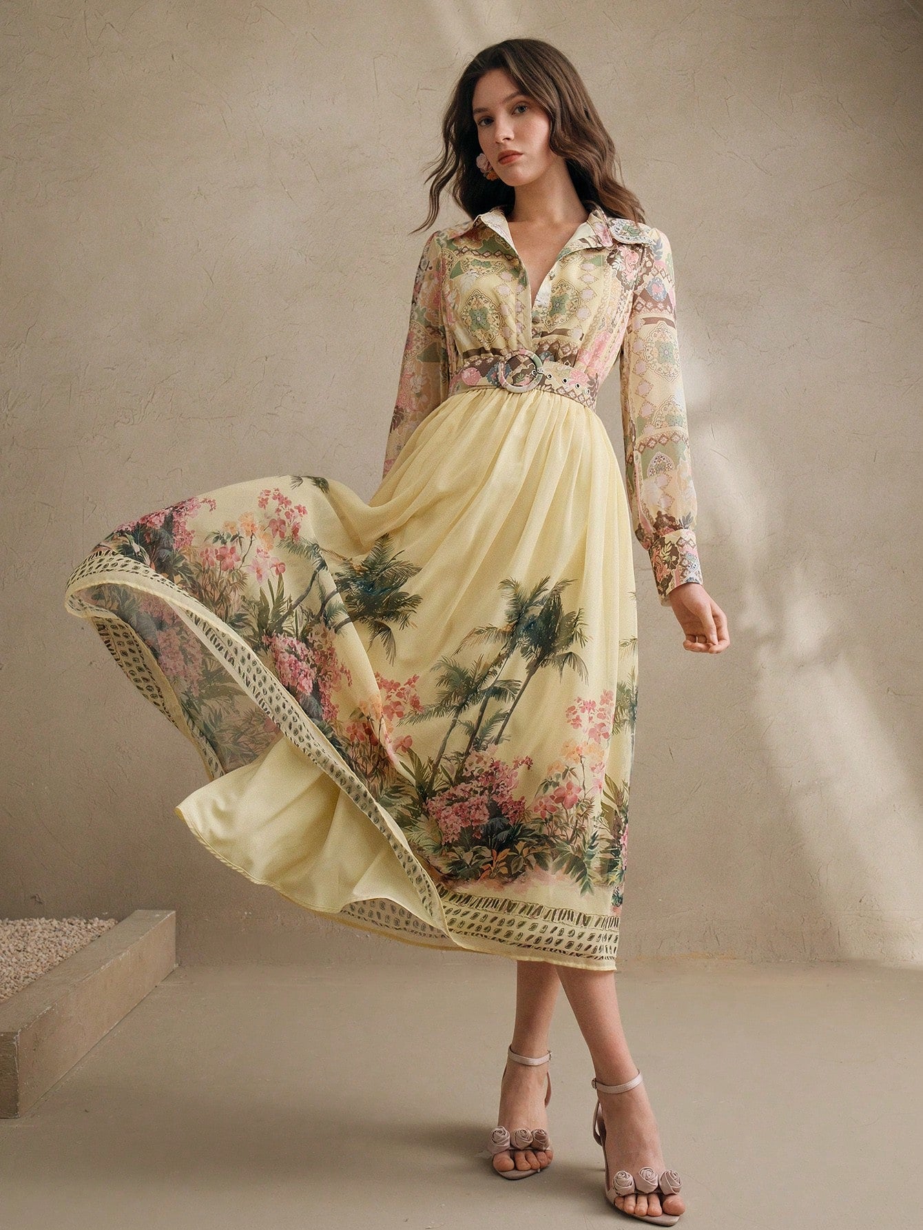 Women's Bohemian Floral Print Long Sleeve Cinched Waist Maxi Dress, Spring Vacation Outfits Floral Long Dress Long Spring Dress Chiffon Dresses For Women