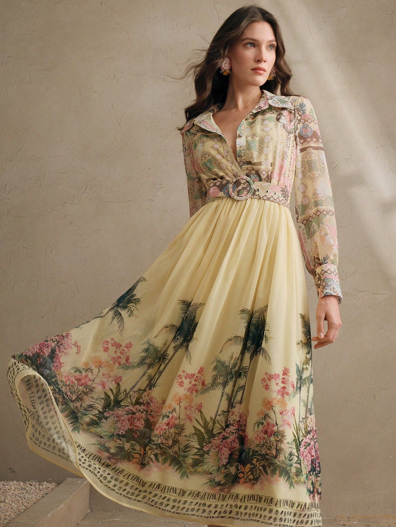 Women's Bohemian Floral Print Long Sleeve Cinched Waist Maxi Dress, Spring Vacation Outfits Floral Long Dress Long Spring Dress Chiffon Dresses For Women