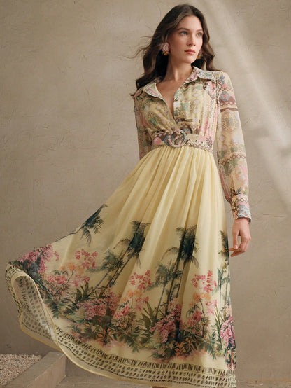 Women's Bohemian Floral Print Long Sleeve Cinched Waist Maxi Dress, Spring Vacation Outfits Floral Long Dress Long Spring Dress Chiffon Dresses For Women