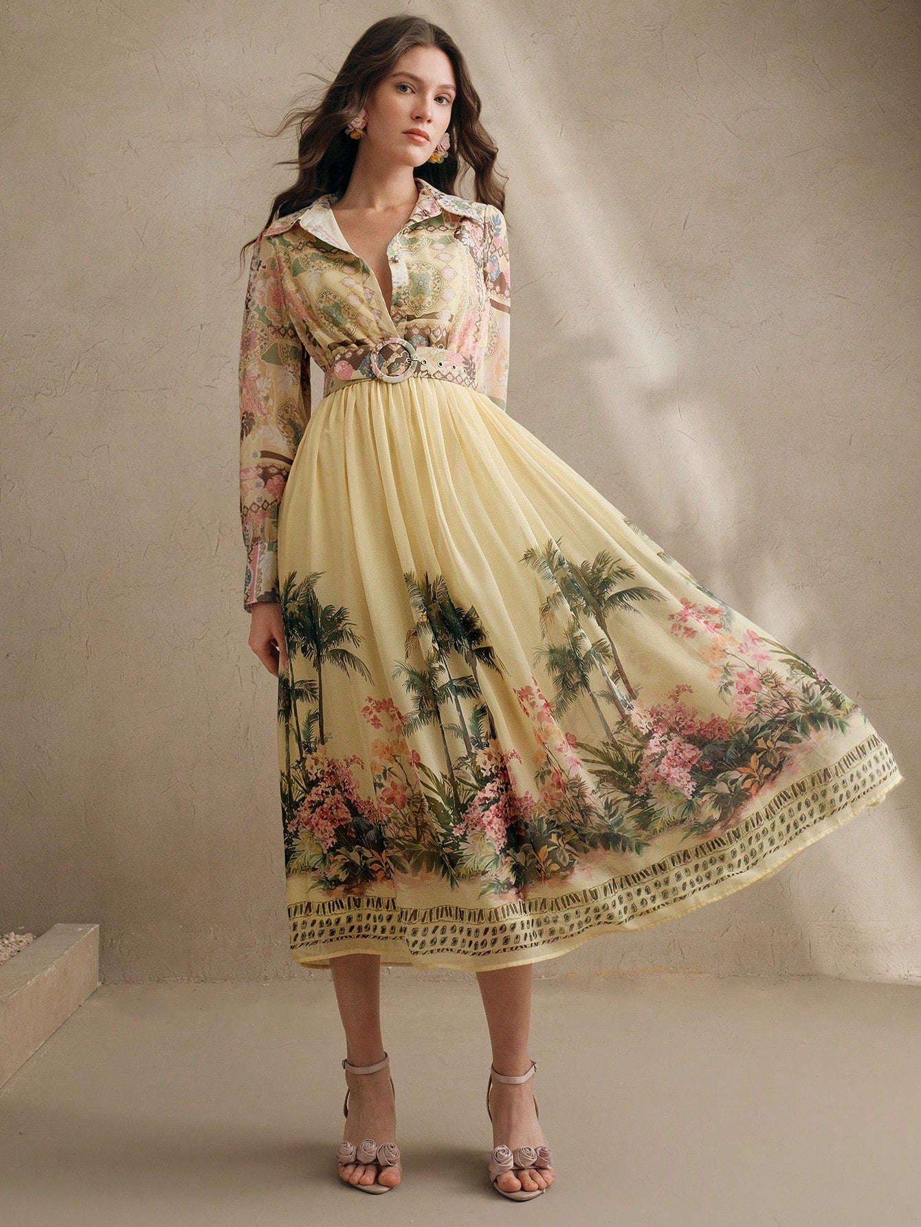 Women's Bohemian Floral Print Long Sleeve Cinched Waist Maxi Dress, Spring Vacation Outfits Floral Long Dress Long Spring Dress Chiffon Dresses For Women