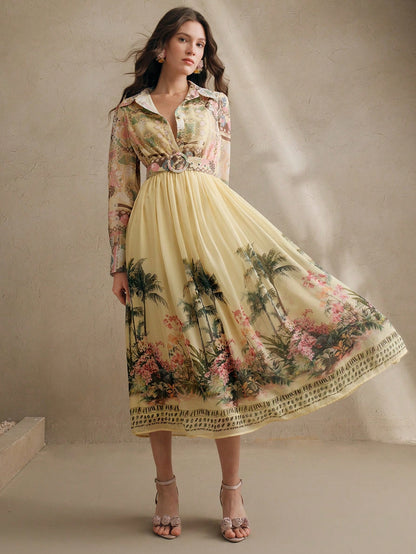 Women's Bohemian Floral Print Long Sleeve Cinched Waist Maxi Dress, Spring Vacation Outfits Floral Long Dress Long Spring Dress Chiffon Dresses For Women