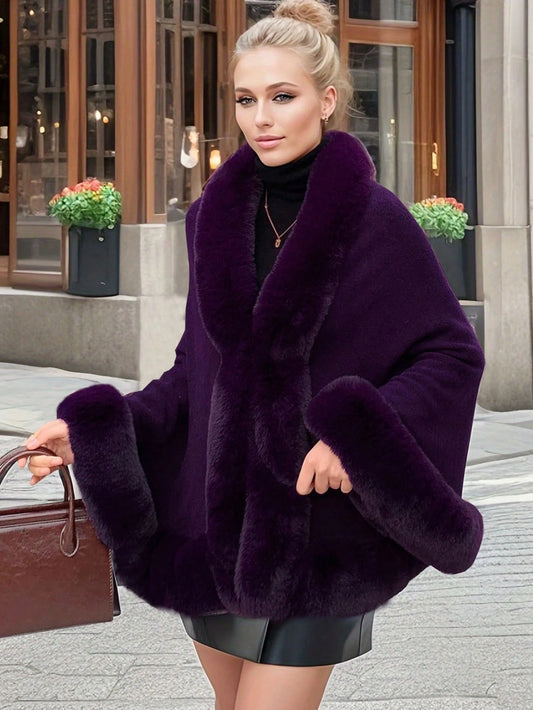 1 Pc Acrylic Knit Imitation Mink Collar Solid Color Cape Poncho, Elegant Vintage Style Suitable For Cheongsam Or Evening Dress, Short Knit Cardigan Jacket For Autumn/Winter