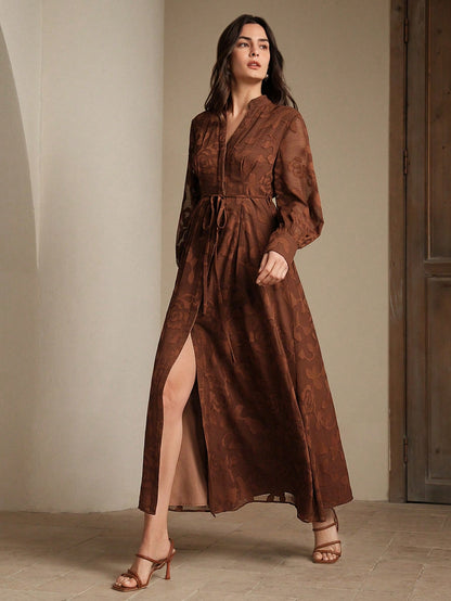Elegant Modern Long V-Neck Lantern Sleeve Cinched Waist Floral Dress, Suitable For Going Out, Festivals, Spring Outings And Vacations