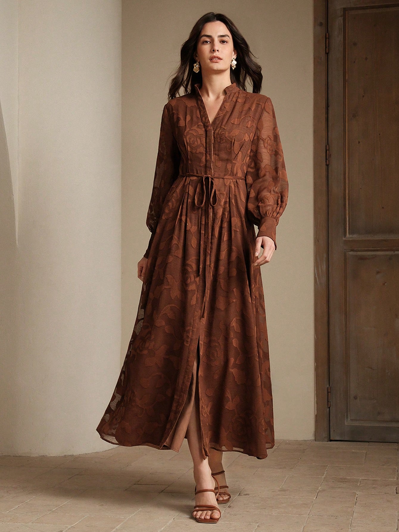 Elegant Modern Long V-Neck Lantern Sleeve Cinched Waist Floral Dress, Suitable For Going Out, Festivals, Spring Outings And Vacations