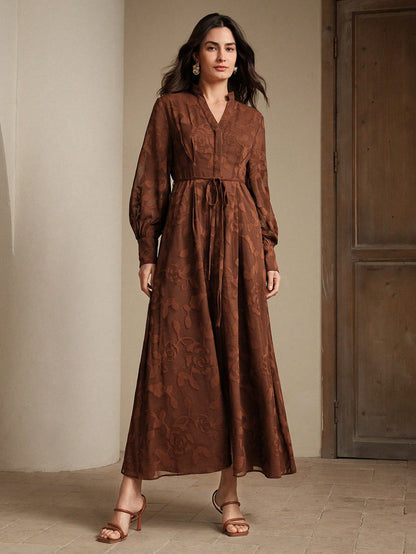 Elegant Modern Long V-Neck Lantern Sleeve Cinched Waist Floral Dress, Suitable For Going Out, Festivals, Spring Outings And Vacations