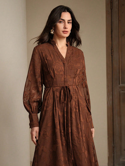 Elegant Modern Long V-Neck Lantern Sleeve Cinched Waist Floral Dress, Suitable For Going Out, Festivals, Spring Outings And Vacations