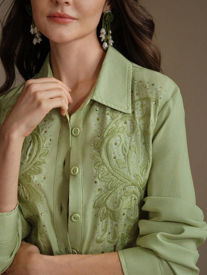 Women's Linen Embroidered Rhinestone Long Sleeve Blouse, Black & Gold