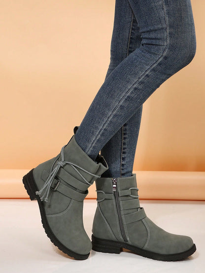 Fall/Winter Plus Size Women's Leather Round Toe Side Zipper Buckle Strap Chunky Heel Boots