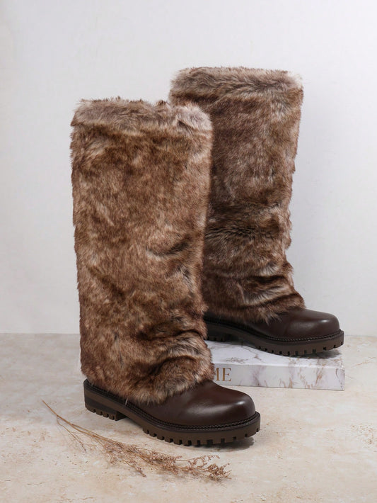 Women's Solid Color Plush Mid-Calf Boots, Suitable For Winter Wear