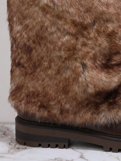 Women's Solid Color Plush Mid-Calf Boots, Suitable For Winter Wear