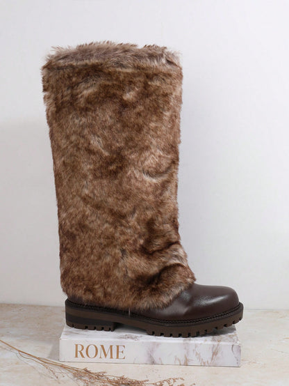 Women's Solid Color Plush Mid-Calf Boots, Suitable For Winter Wear