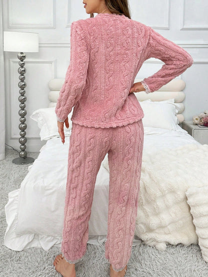 Women's Coral Fleece Solid Color Lace Trim Thick Casual Pajama Set