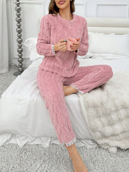 Women's Coral Fleece Solid Color Lace Trim Thick Casual Pajama Set