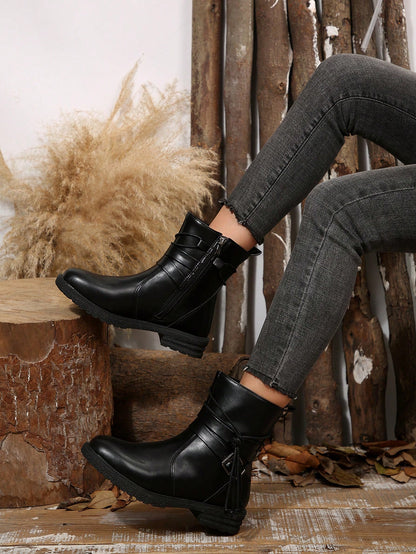 Fall/Winter Plus Size Women's Leather Round Toe Side Zipper Buckle Strap Chunky Heel Boots