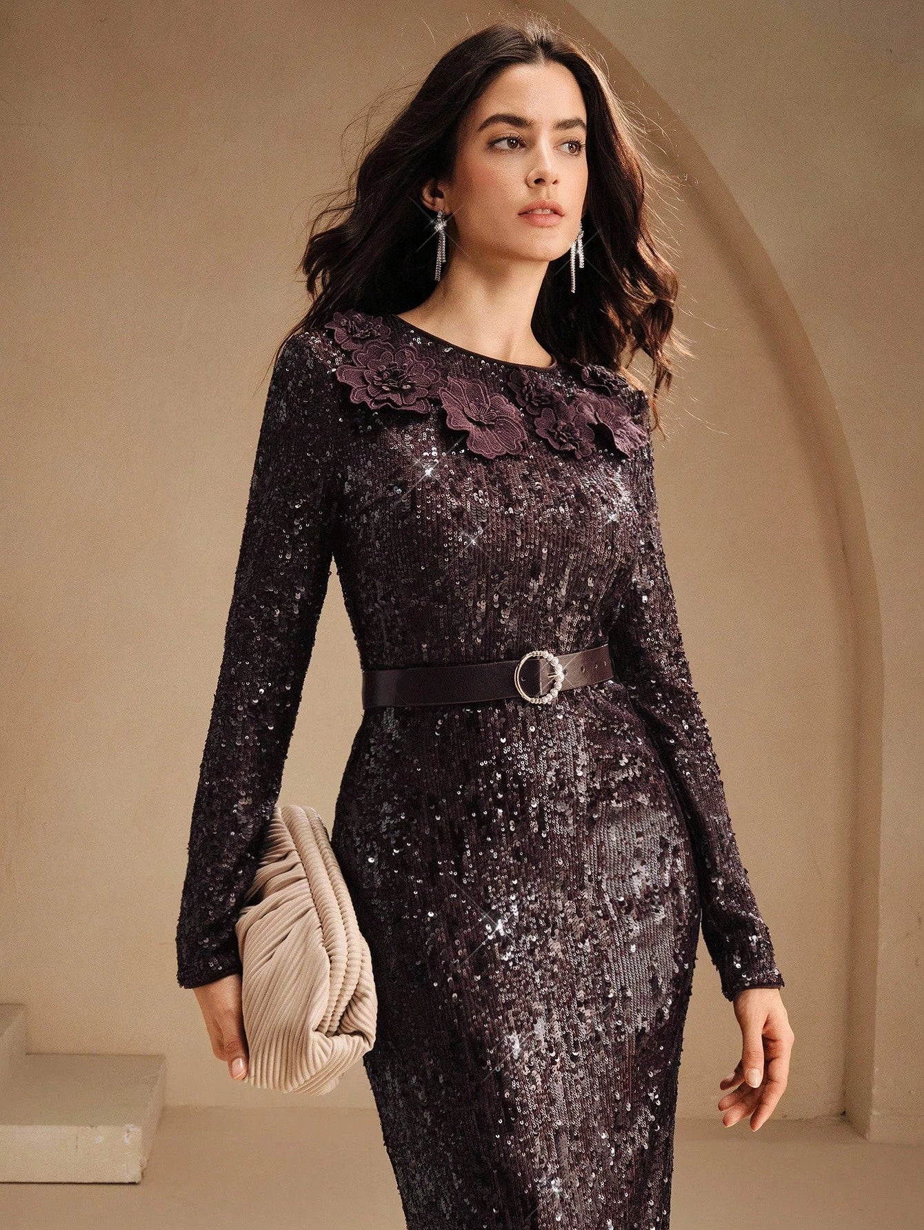 Women's Elegant Christmas Party Sequin Embroidered 3D Floral Collar Bodycon Dress, Winter