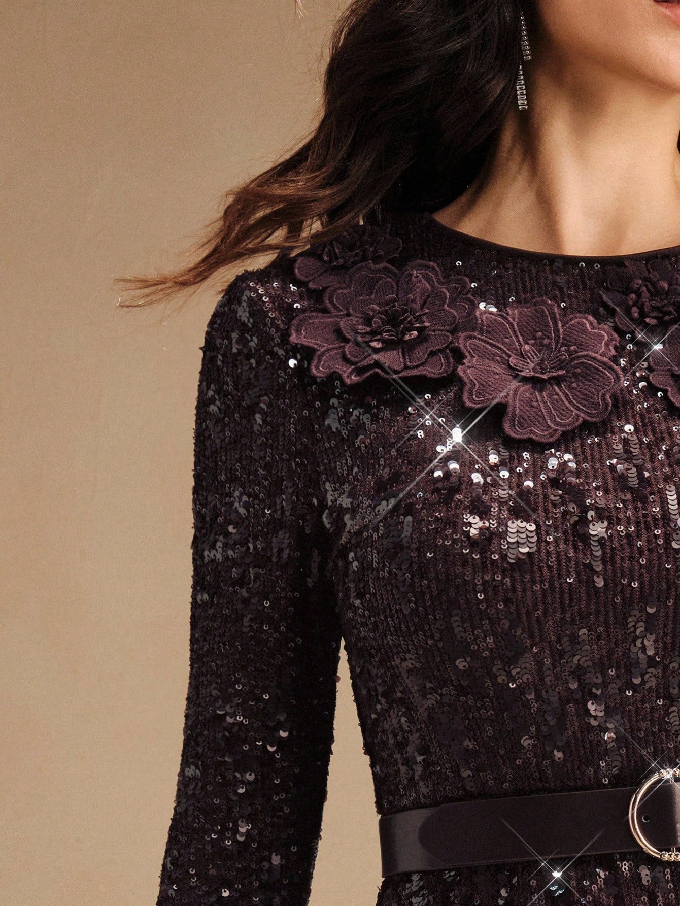 Women's Elegant Christmas Party Sequin Embroidered 3D Floral Collar Bodycon Dress, Winter